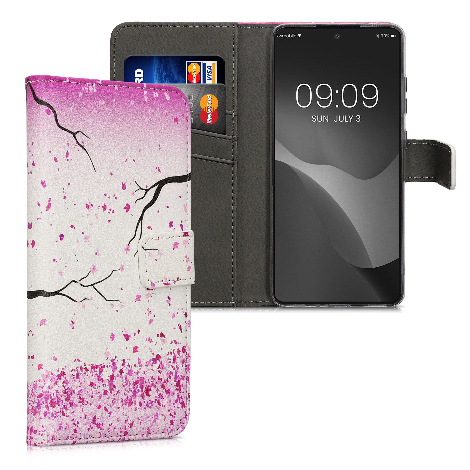 Peněženkové pouzdro pro Samsung Galaxy A52 / A52 5G / A52s 5G - Třešňové květy Růžová / Tmavě hnědá / Bílá
