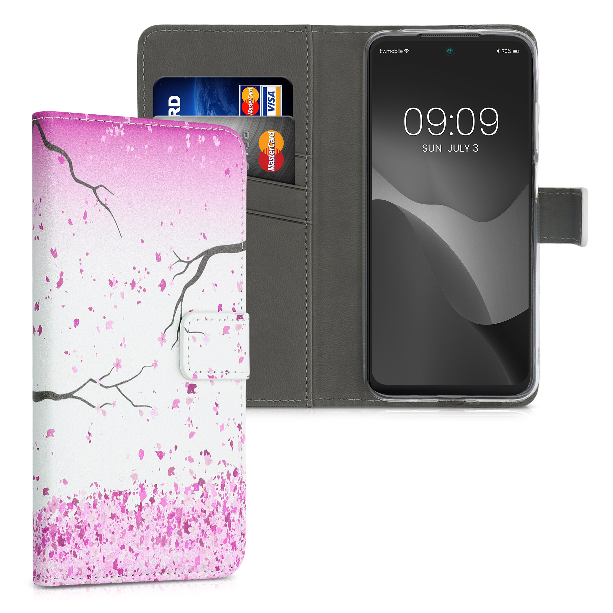 Peněženkové pouzdro pro Xiaomi Redmi 10 (2021 / 2022) - Třešňové květy Růžová / Tmavě hnědá / Bílá