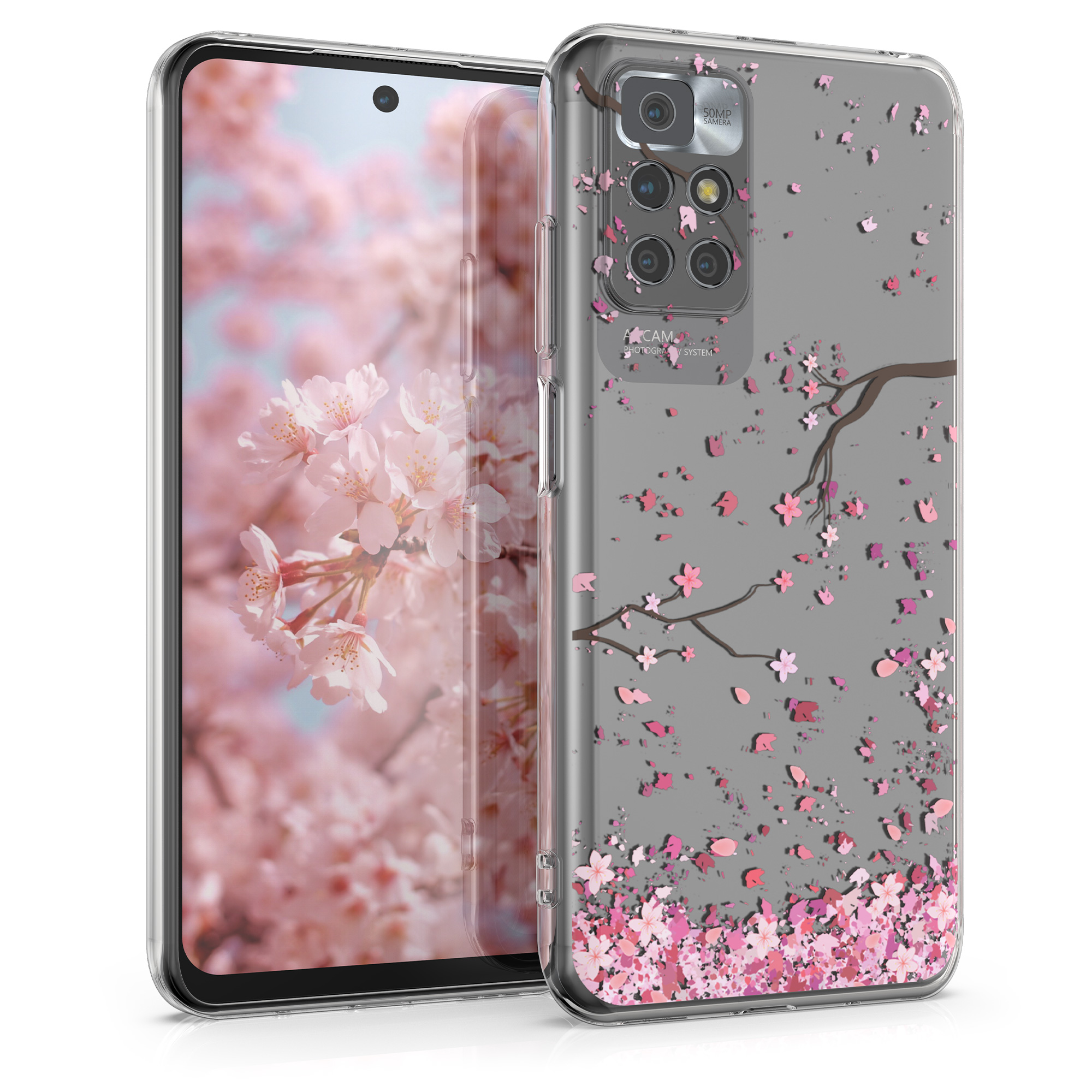 Průhledné pouzdro pro Xiaomi Redmi 10 (2021 / 2022) - Třešňové květy Růžová / Tmavě hnědá / Transparentní