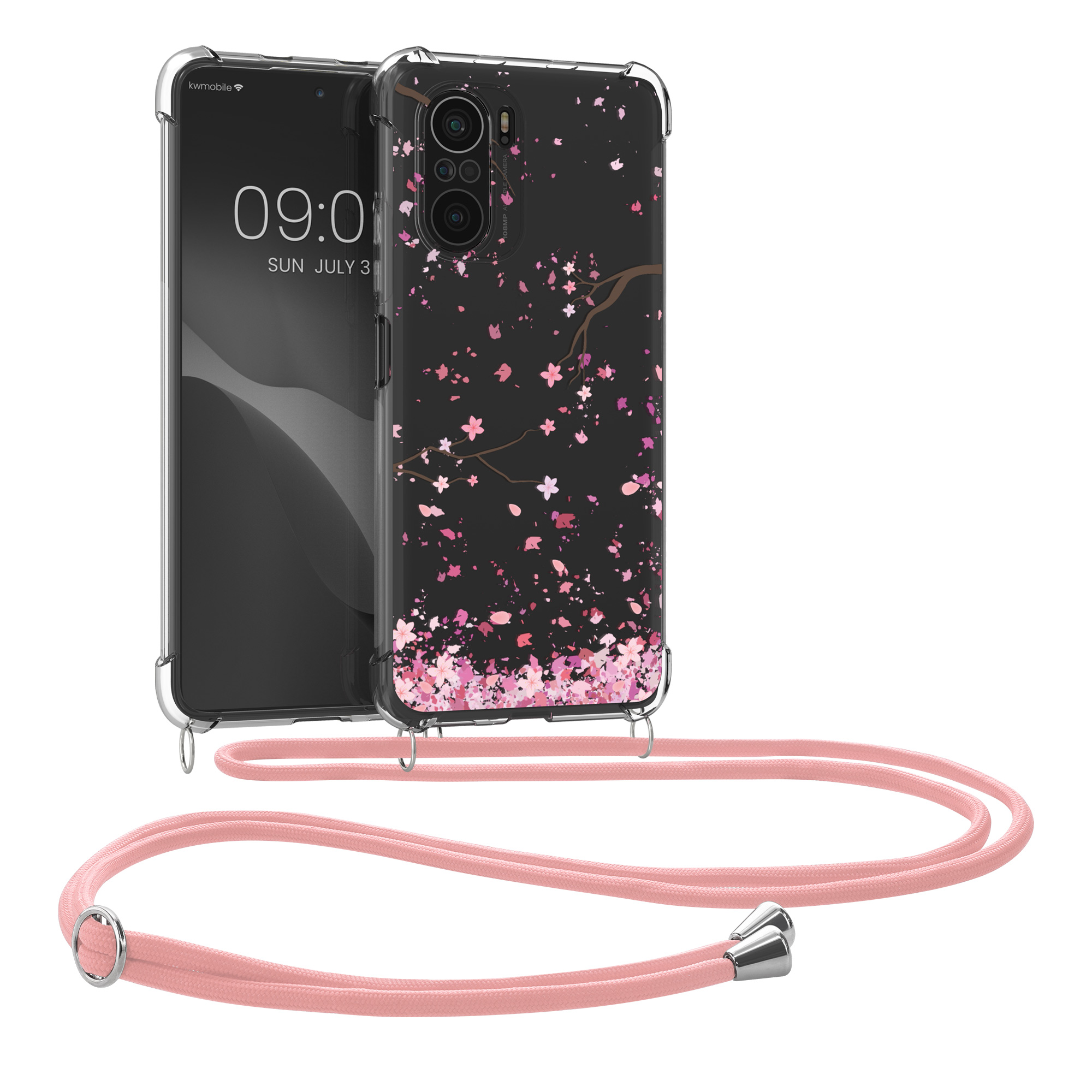 Pouzdro pro Xiaomi Mi 11i / Poco F3 - Třešňové květy růžová / tmavě hnědá / průhledná