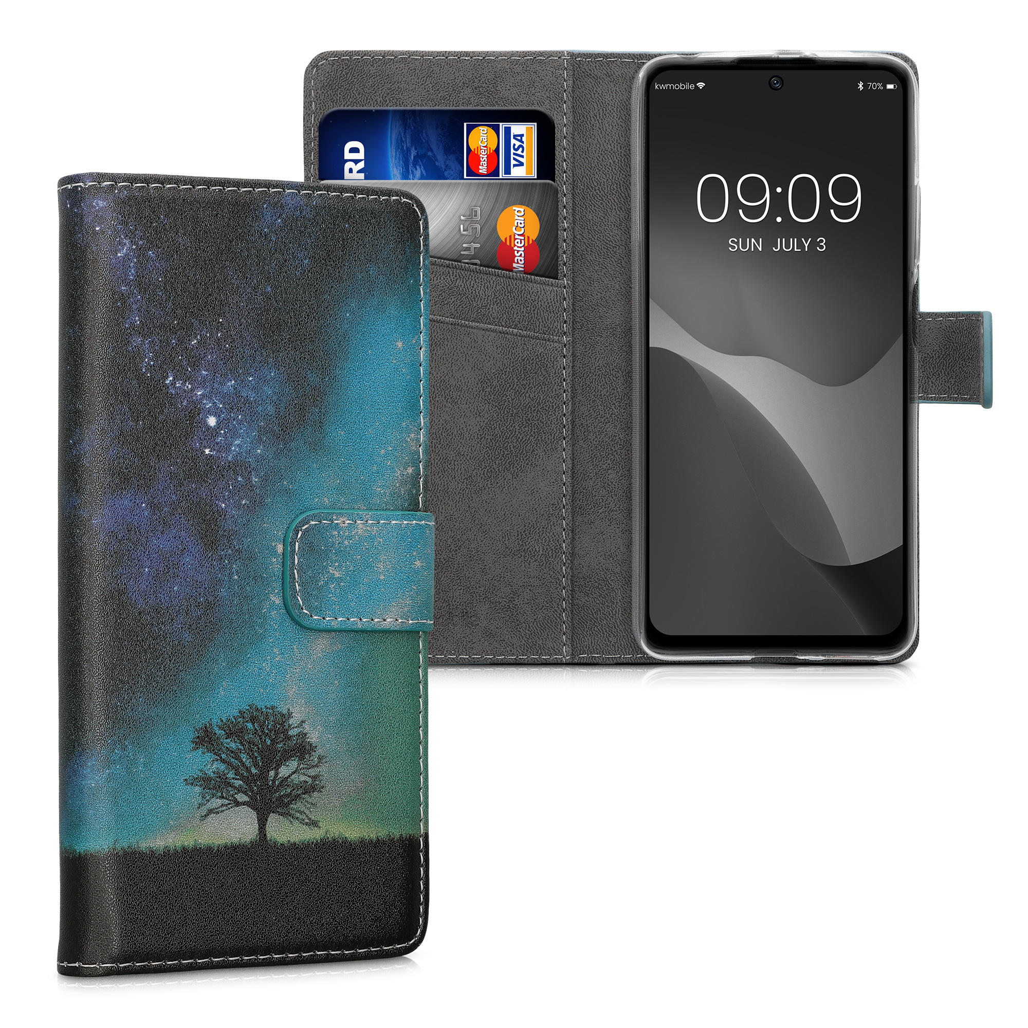 Peněženkové pouzdro pro Xiaomi Poco X4 Pro 5G - Cosmic Nature Modrá / Šedá / Černá