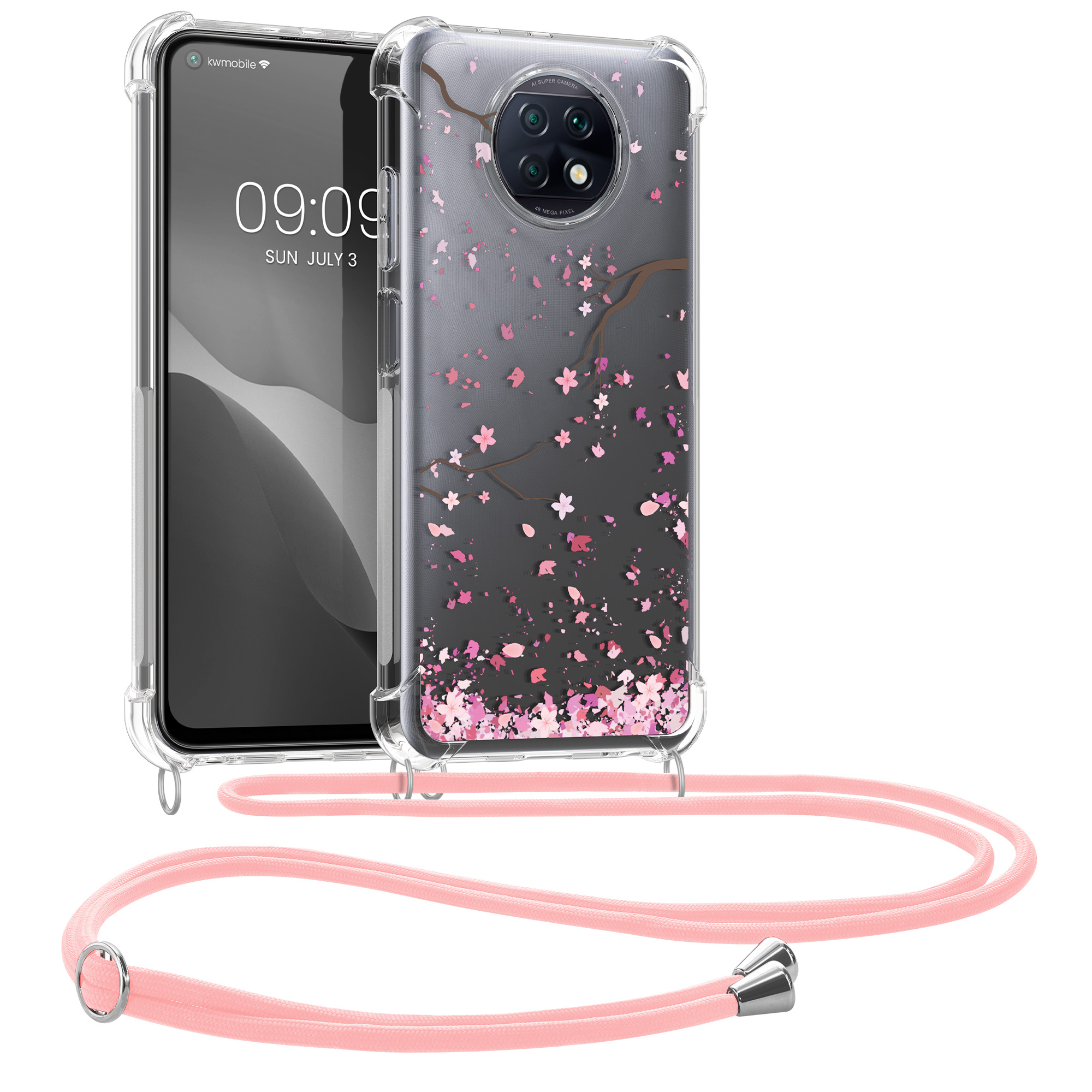 Pouzdro pro Xiaomi Redmi Note 9T - Třešňové květy růžová / tmavě hnědá / průhledná